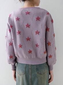Blusa minimalista con mangas largas, botones frontales y ribete de contraste con patrón de estrella - Morado - Ver 2