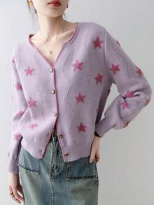 Blusa minimalista con mangas largas, botones frontales y ribete de contraste con patrón de estrella - Morado - Ver 4