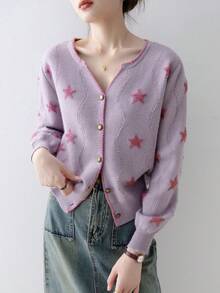Blusa minimalista con mangas largas, botones frontales y ribete de contraste con patrón de estrella - Morado - Ver 1