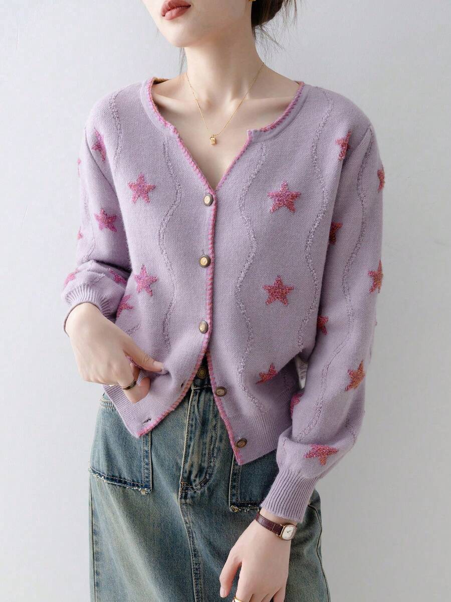 Blusa minimalista con mangas largas, botones frontales y ribete de contraste con patrón de estrella - Morado - Ver 1