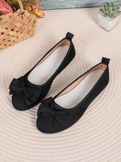 1 par flickskor med prinsessliknande ballerinaskor, enfärgade med rosett, glänsande pärldekor, mandeltå, halkfria, bekväma, moderiktiga loafers lämpliga för vardag, fest, casual, semester, vår/höst