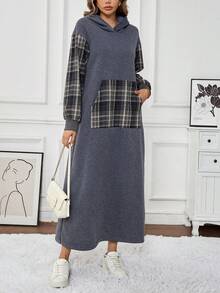 女士连帽套头羊毛运动衫拼布格子长裙
