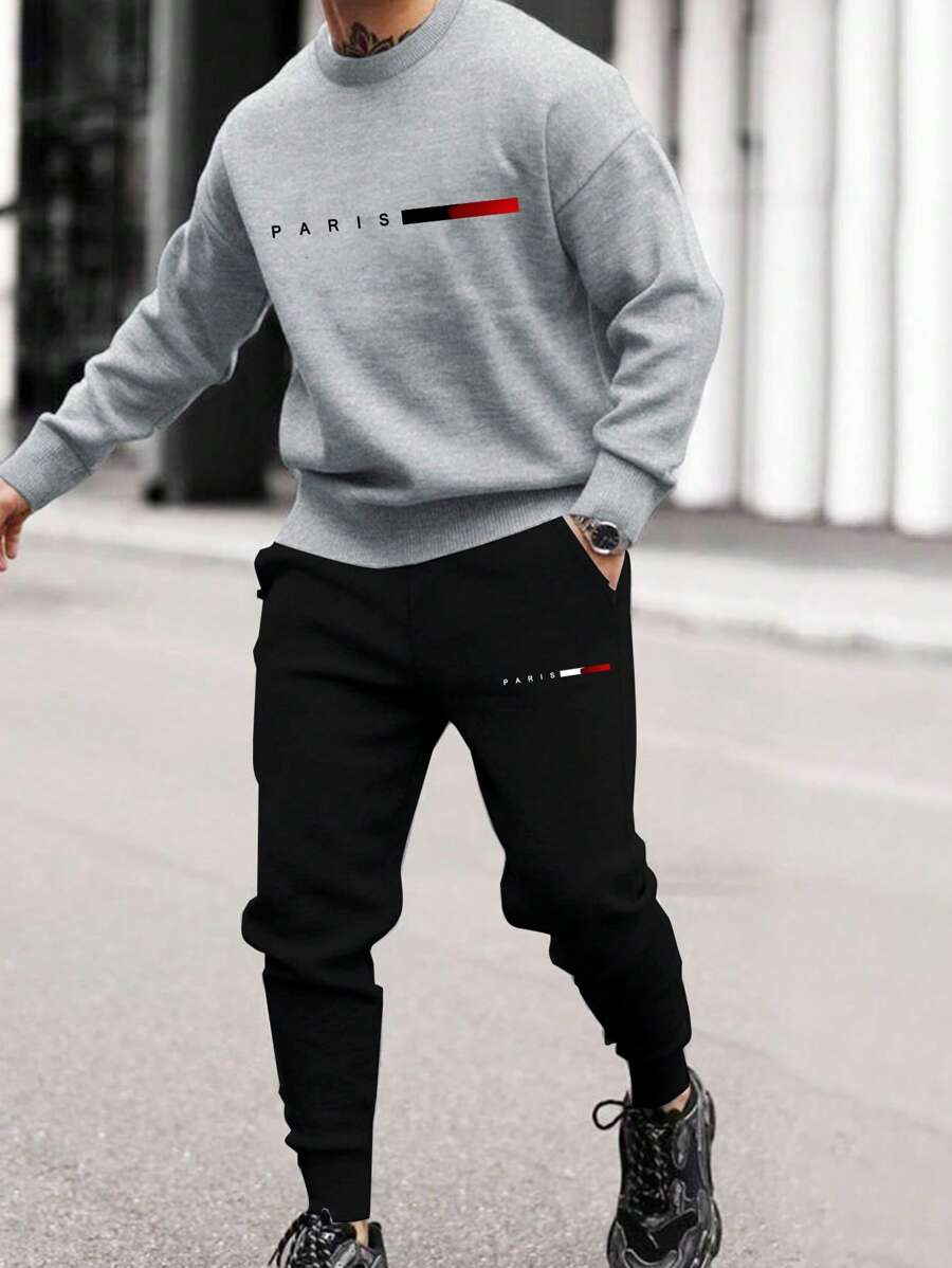 2pcs Men's Casual Sweatshirt With Printed Design And Regular Fit Pants Set - Black - View 1