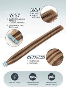10pcs Mini Tape-In Hair Extensions, Real Human Hair, Color 4/27 Chocolate Brown To Caramel Blonde, 14-22 Inches, Remy Human Hair, Double-Sided Invisible Tape - S4/27 - View 4
