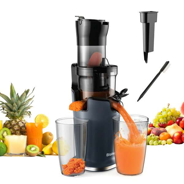 Presse-agrumes à froid BioloMix avec goulotte d'alimentation de 78 mm, 200 W 40-65 tr/min, moteur puissant, presse-agrumes à mastication lente, adapté aux fruits entiers