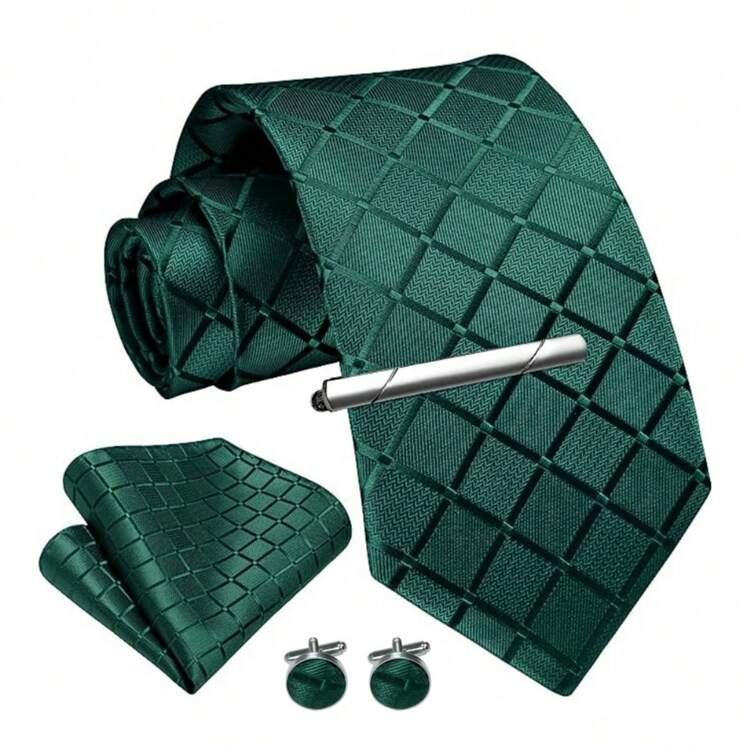 1pc/2pcs/3pcs/4pcs/5pcs Men Dark Green Plaid Tie, Silk Satin Handmade Necktie Assortment, Suitable As Gifts For Groom, Groomsmen, Business, Dating, Banquets, Music Festivals, And More Occasions Men Necktie - Dark Green - View 1
