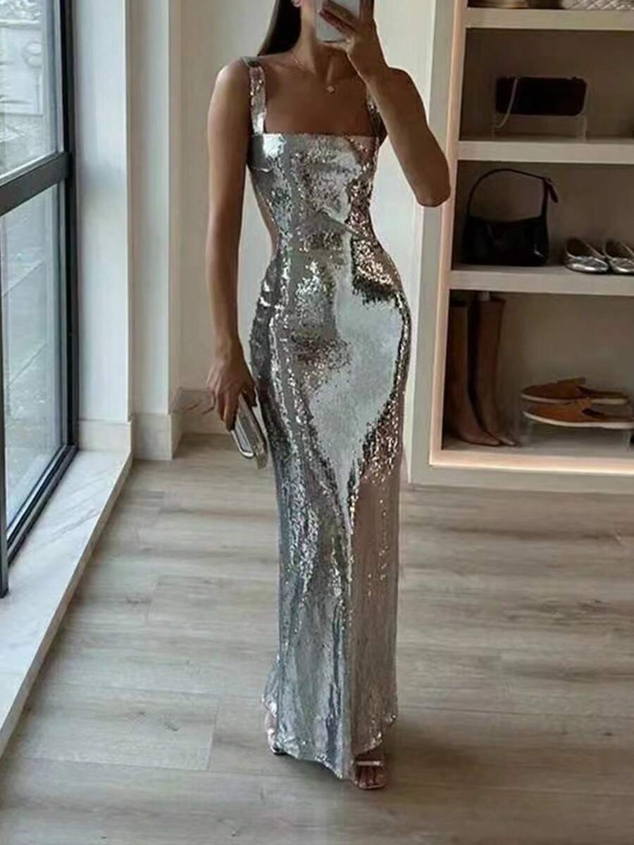 Metallic Sequin Square Neckline Fishtail Backless Sleeveless Cocktail Dress Elegant Prom Semi Formal Wedding Guest Dress, For Birthday, Graduation, Dinner, Homecoming Party Dress - Bạc - Xem 1