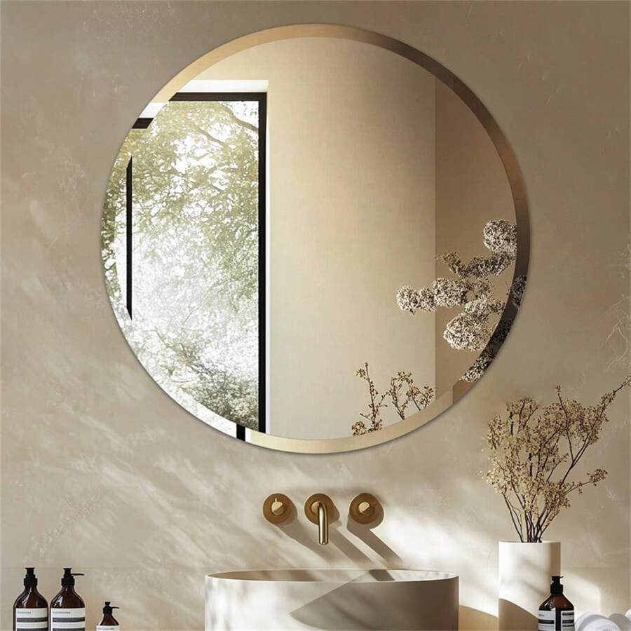 Round Wall Mirror Silver Frameless Decorative Mirrored Glass Vanity With Polished Beveled Edge For Bathroom Living Room Entryway Hallway - 銀色 - 查看 1