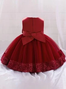 Baby Mädchen Tüll Schleife Pailletten Puff Geburtstagsparty Prinzessinnenkleid, geeignet als Blumenmädchenkleid, Stirnband nicht enthalten - Bordeaux - Übersicht 4