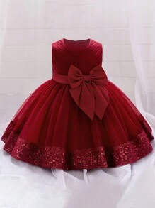 Baby Mädchen Tüll Schleife Pailletten Puff Geburtstagsparty Prinzessinnenkleid, geeignet als Blumenmädchenkleid, Stirnband nicht enthalten - Bordeaux - Übersicht 1