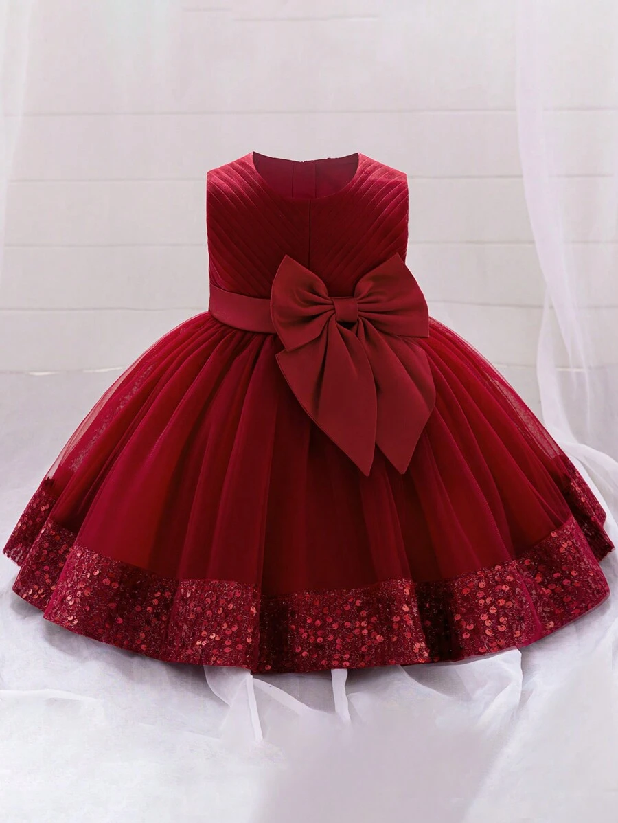 Baby Mädchen Tüll Schleife Pailletten Puff Geburtstagsparty Prinzessinnenkleid, geeignet als Blumenmädchenkleid, Stirnband nicht enthalten - Bordeaux - Übersicht 1