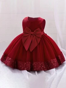 Baby Mädchen Tüll Schleife Pailletten Puff Geburtstagsparty Prinzessinnenkleid, geeignet als Blumenmädchenkleid, Stirnband nicht enthalten - Bordeaux - Übersicht 5