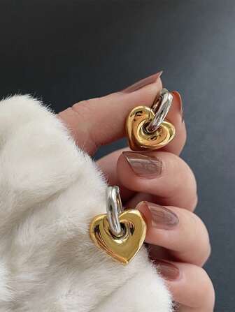 Stainless Steel Waterproof Vintage Gold & Silver Dual-Color Heart Shaped Earrings, Ideal For Women For Daily Wear Valentines,Mom,Mother,Mother's Day,Gift