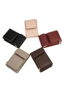 MIYIN 时尚休闲荔枝纹手机钱包，适合女士，配有可调节宽肩带，简约纯色 PU 单肩包，带卡槽和前拉链口袋，绗缝细节翻盖斜挎包，配有吉他背带，适合女士日常使用，手机袋，手机袋 - 酒紅色 - 查看 8