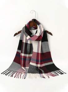 1 件女士经典勃艮第和黑色格子仿羊绒围巾披肩，时尚百搭长流苏围巾冬季秋季 - 格子圍巾 - 查看 5