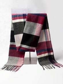 1 件女士经典勃艮第和黑色格子仿羊绒围巾披肩，时尚百搭长流苏围巾冬季秋季 - 格子圍巾 - 查看 6