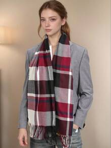 1 件女士经典勃艮第和黑色格子仿羊绒围巾披肩，时尚百搭长流苏围巾冬季秋季 - 格子圍巾 - 查看 3