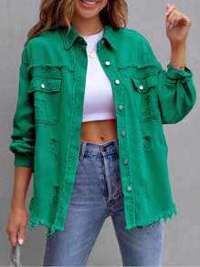 Women's Ripped Distressed Denim Jacket Long Sleeve Button Down Boyfriend Jean Coat Trucker Jacket - Green - View 3