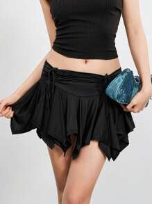 Women Gothic Punk Irregular Skirts Solid Color Drawstring Tie-Up Ruched Ruffles Mini Skirt Summer Fashion Short Skirts - Black - View 5