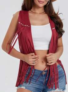 Women's Boho Hippie Chic Waistcoat Vest Ultra Lightweight Solid Hue Open Front Sleeveless Jacket Adorned With Tassels  Streetwear Layering