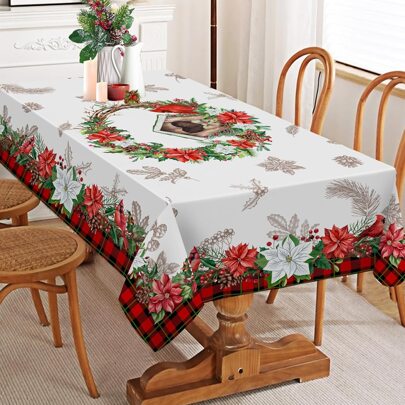 1pc Christmas Table Cloth For Rectangle Tables, Christmas Tablecloth - Flower Buffalo Plaid Christmas Decor - Water Resistant Holiday Christmas Decorations For Home, Party, Kitchen