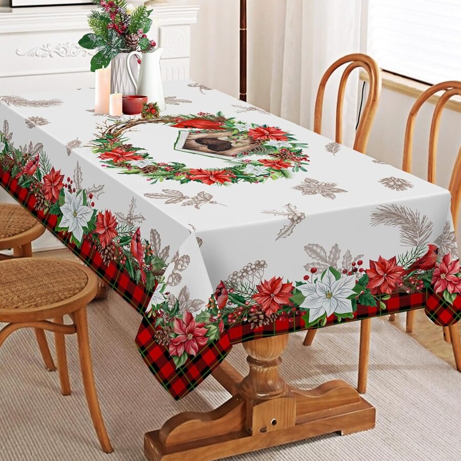 1pc Christmas Table Cloth For Rectangle Tables, Christmas Tablecloth - Flower Buffalo Plaid Christmas Decor - Water Resistant Holiday Christmas Decorations For Home, Party, Kitchen - Multicolor - View 1