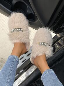 女士一脚蹬毛绒拖鞋，采用 TPR 轻质鞋底，金属装饰，温暖舒适，适合室内和室外穿着，杏色 - 杏色 - 查看 6