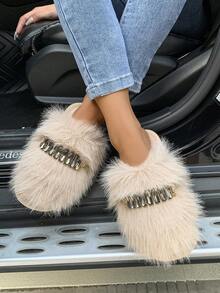 女士一脚蹬毛绒拖鞋，采用 TPR 轻质鞋底，金属装饰，温暖舒适，适合室内和室外穿着，杏色 - 杏色 - 查看 9