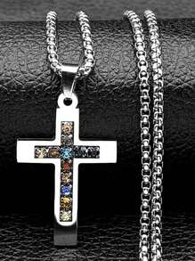 天主教耶稣不锈钢项链圣本笃水晶圣母玛利亚吊坠男士项链首饰 - 銀色 - 查看 11