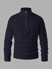 复古简约学院风休闲英伦老钱风格靛蓝色圆领半拉链抽绳针织花卉长袖罗纹毛衣，适合新年、情人节、派对、春季、秋季、冬季叠穿，男士 - 藏蓝色 - 查看 1