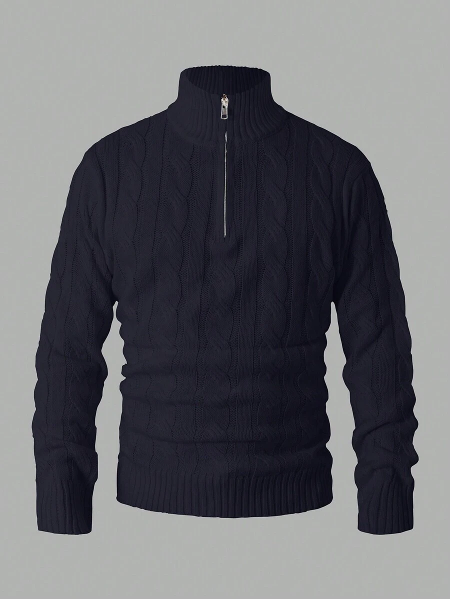 复古简约学院风休闲英伦老钱风格靛蓝色圆领半拉链抽绳针织花卉长袖罗纹毛衣，适合新年、情人节、派对、春季、秋季、冬季叠穿，男士 - 藏蓝色 - 查看 1