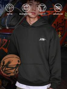 UZISER 休闲学院风宽松防风男士个性化图案斜插手口袋落肩套头连帽衫 - 深灰色 - 查看 2