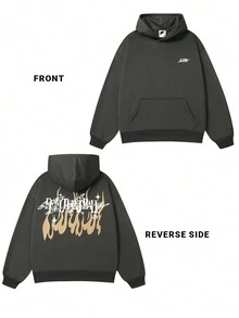 UZISER 休闲学院风宽松防风男士个性化图案斜插手口袋落肩套头连帽衫 - 深灰色 - 查看 5