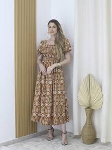 Printed A-Line Crepe Dress 40-46 With Lining And Stretch 9837EST - 駝色 - 查看 3