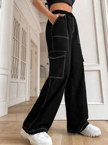 青少年女孩 1 件复古休闲宽松工装裤，春秋季 - 黑色 - 查看 1