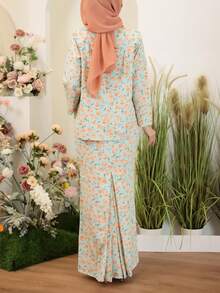 马来服装 Baju Kurung 圆领全身花卉印花长袖上衣和直筒长裙适度两件套，颈后拉链，绿色，休闲优雅服装 - 彩色 - 查看 2