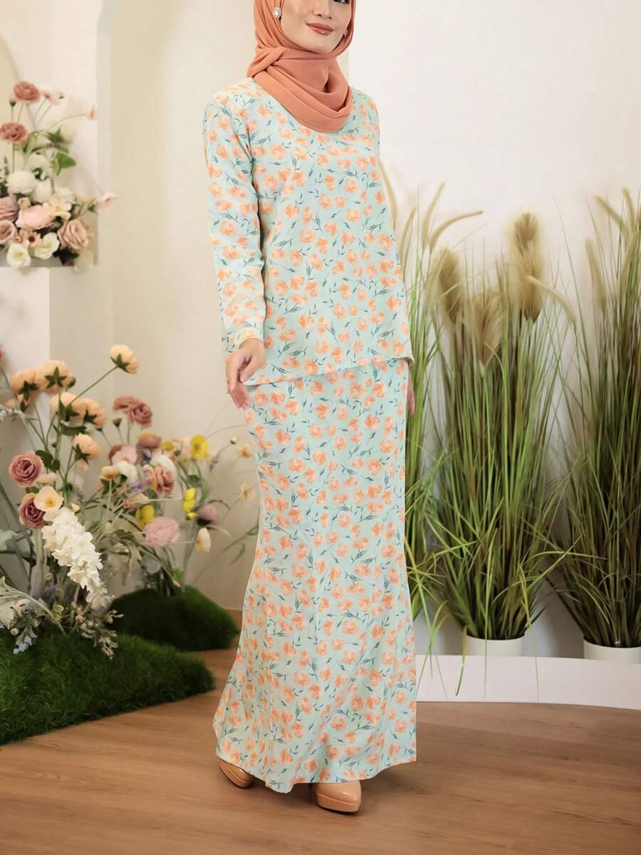 马来服装 Baju Kurung 圆领全身花卉印花长袖上衣和直筒长裙适度两件套，颈后拉链，绿色，休闲优雅服装 - 彩色 - 查看 1