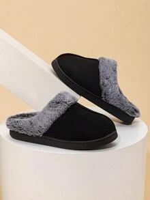 女士纯色软底毛绒拖鞋，室内防滑保暖平底家居鞋，适合冬季 - 黑色 - 查看 6