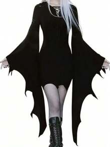 复古哥特纯色休闲时尚长袖V领系带喇叭紧身吸血鬼女装连衣裙，朋克演唱会蝙蝠袖暗黑美学聚会黑色春季优雅 - 黑色 - 查看 1