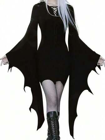 复古哥特式纯色休闲时尚长袖 V 领系带喇叭紧身吸血鬼女式连衣裙服装女式朋克音乐会蝙蝠袖暗黑美学聚会