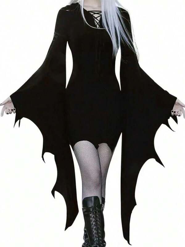 Abito vintage gotico da donna, in tinta unita, casual, moda, manica lunga, scollo a V, con laccetti, aderente e a campana, costumi da vampiro, abbigliamento punk, maniche a pipistrello, estetica dark, adatto per raduni