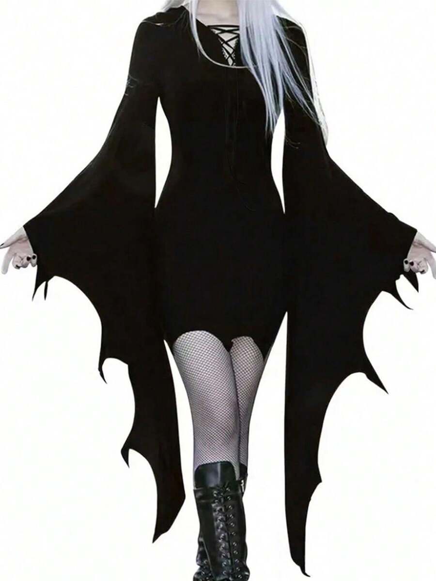 复古哥特纯色休闲时尚长袖V领系带喇叭紧身吸血鬼女装连衣裙，朋克演唱会蝙蝠袖暗黑美学聚会黑色春季优雅 - 黑色 - 查看 1