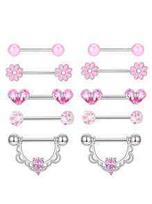 Set de 10 piezas de joyería de piercing de pezón de acero inoxidable chapado en oro con diseños de mariposa, cadena y flor de 14G, aros y piezas de pezón con forma de corazón, para uso en citas, fiestas, Día de la Madre, regalo