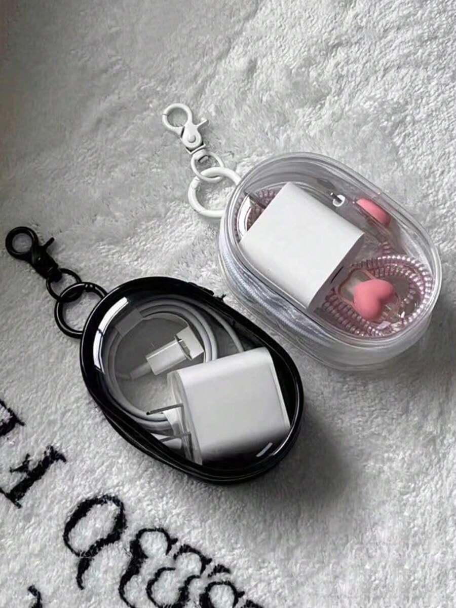 2 个充电器收纳袋、数据线收纳盒、便携式耳机收纳盒、透明便携式旅行收纳盒，用于数据线、耳机等（黑色、白色）便携式户外耳机收纳袋、多功能收纳袋、充电器收纳袋、单拉链密封防尘收纳盒