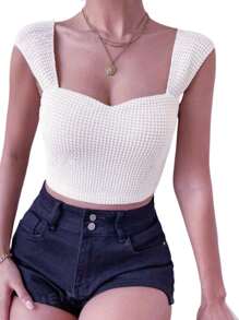 Women's Solid Sweetheart Neck Modal Knit Crop Top - 白色 - 查看 1
