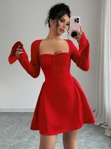 abyoxi Red Color Chest Pleated Short Dress, Side Design, Pure Desire Style, Outdoor Dressing, Internet Famous Spicy Girl,Wedding Dating,Christmas Day, Valentine's Day,Back To School,Fall/Winter Clothes For Women