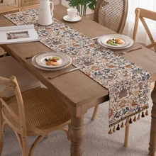 1 tấm khăn trải bàn họa tiết hoa và chim ác là dệt Jacquard có tua rua, màu tua rua và số lượng ngẫu nhiên - Nhiều màu - Xem 5