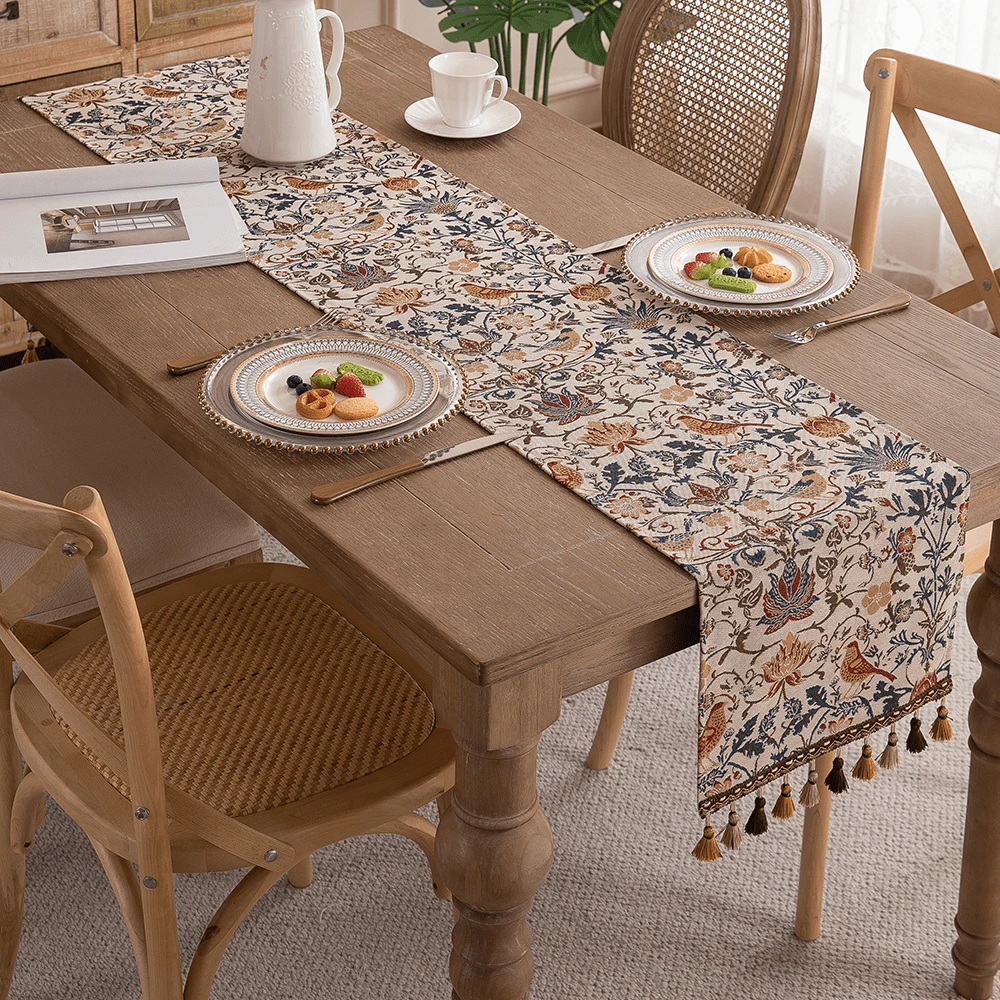 1 peça Passadeira de Mesa com Estampa Jacquard Tecida de Flores e Pássaro Gralha com Borlas, a Cor e a Quantidade das Borlas são Aleatórias - Multicolorido - Visão 5