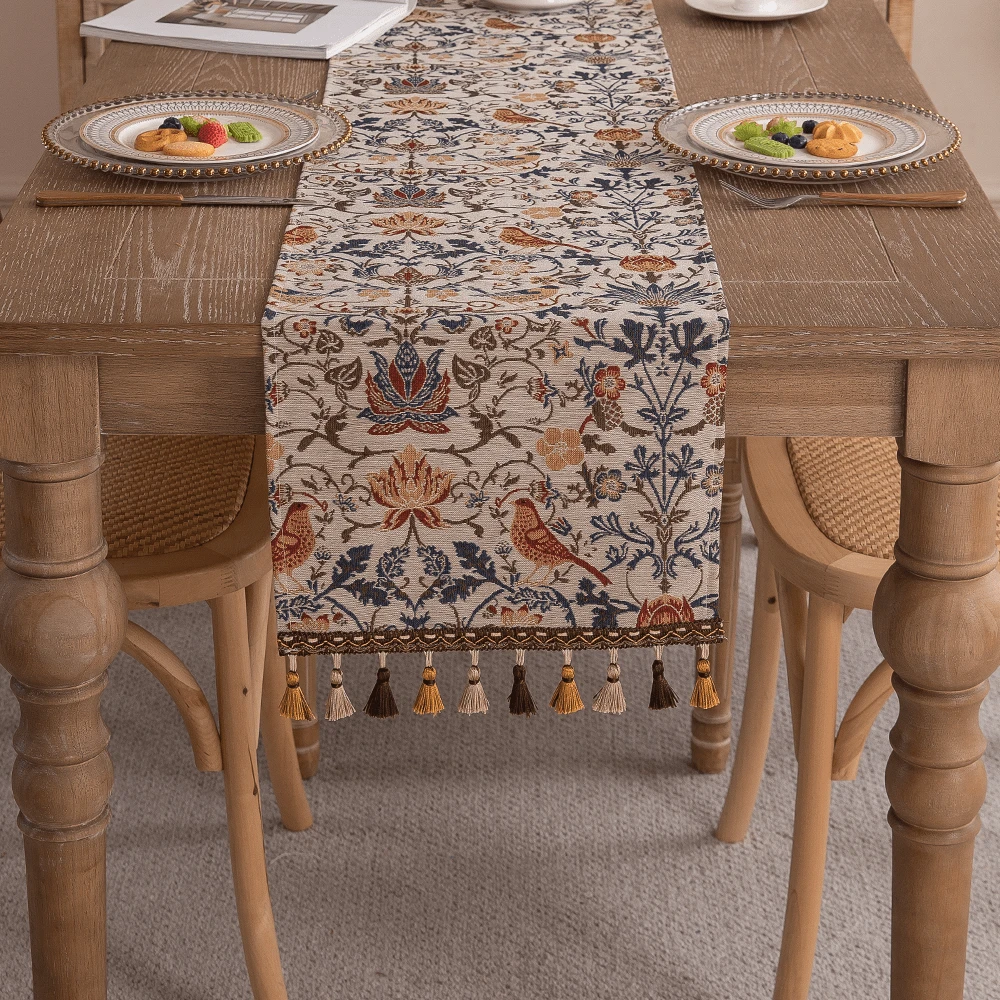 1 peça Passadeira de Mesa com Estampa Jacquard Tecida de Flores e Pássaro Gralha com Borlas, a Cor e a Quantidade das Borlas são Aleatórias - Multicolorido - Visão 3
