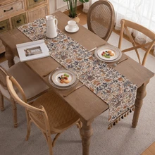 1 tấm khăn trải bàn họa tiết hoa và chim ác là dệt Jacquard có tua rua, màu tua rua và số lượng ngẫu nhiên - Nhiều màu - Xem 6